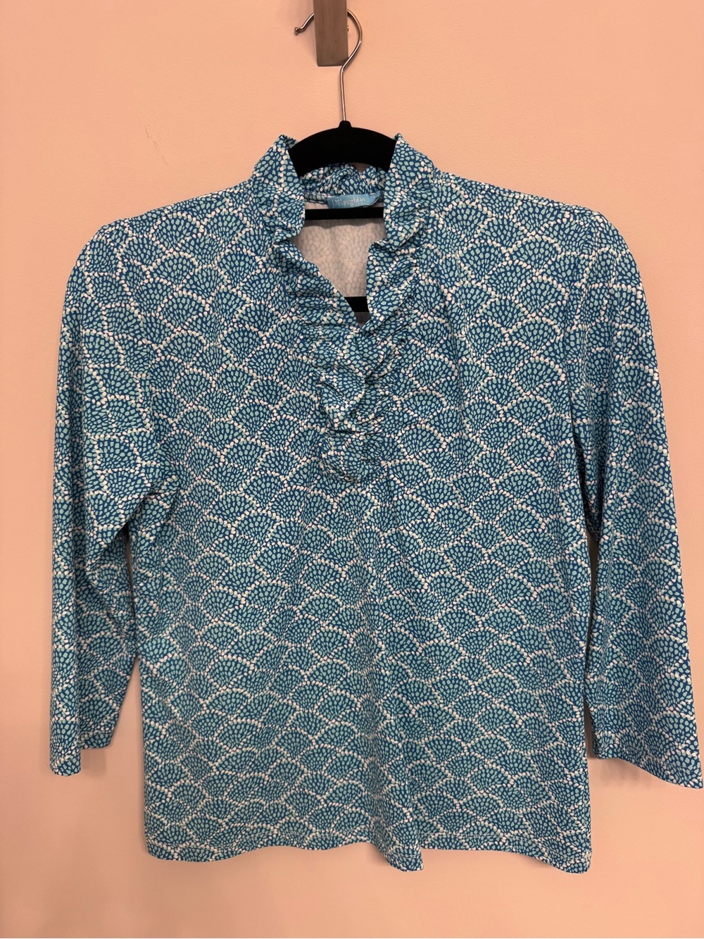 NWOT J. McLaughlin Turquoise Patterned Ruffle-Neck 3/4 Sleeve